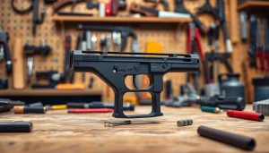 Showcase of polymer 80 glock 19 frame with tools and components on a workbench.
