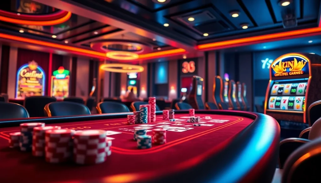 A vibrant online casino experience featuring games at https://3king.cn.com/ with poker chips and lively slot machines.
