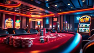 A vibrant online casino experience featuring games at https://3king.cn.com/ with poker chips and lively slot machines.