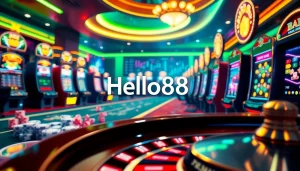 Experience the excitement of Hello88 with vibrant online gambling visuals featuring slots and roulette.