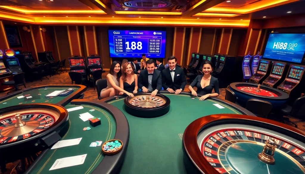 Exciting gameplay at Hi88 casino with players engaged at poker tables and slot machines.