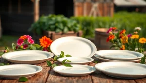 Showcase elegant compostable plates arranged beautifully with fresh greenery, symbolizing eco-friendliness.
