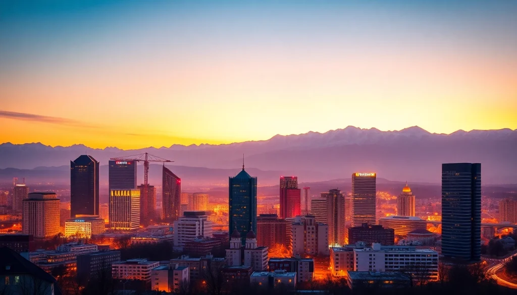 Capture the vibrant Almaty skyline at sunset showcasing the mountains and modern architecture for https://albmaftoh.com.