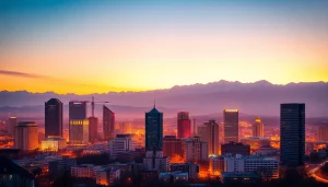 Capture the vibrant Almaty skyline at sunset showcasing the mountains and modern architecture for https://albmaftoh.com.
