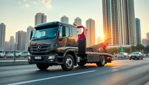 Efficient car recovery by https://trtrecoveryuae.com showcasing a modern tow truck in Dubai's urban landscape.