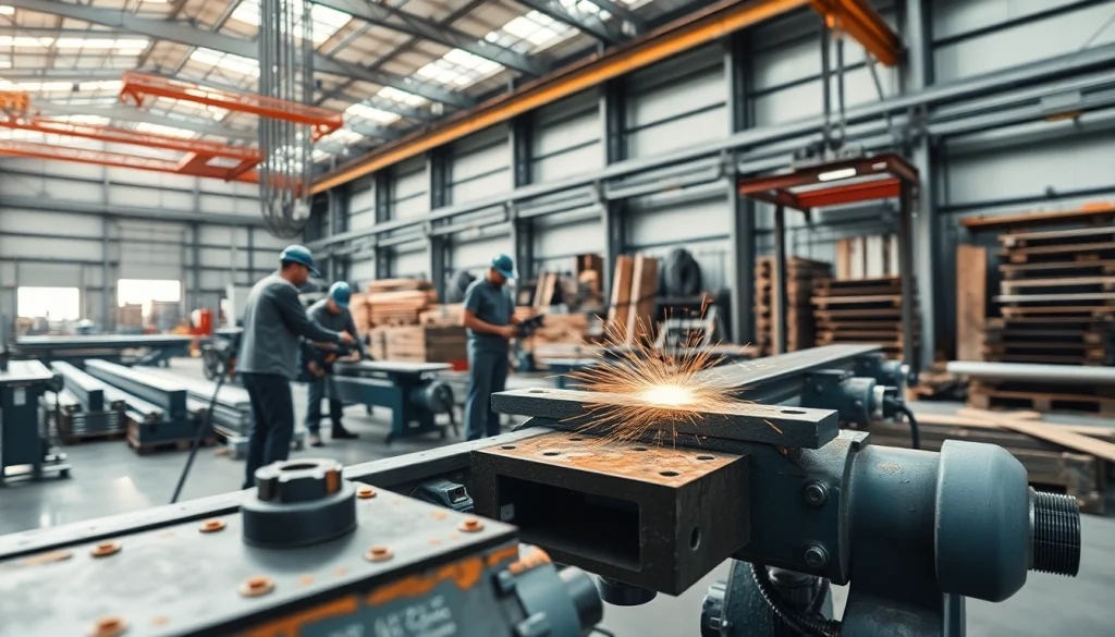 Engineers performing structural steel fabrication in a workshop with precision tools and machinery.