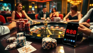 RR88 online gaming excitement at a luxurious casino table, capturing the thrill of gambling.