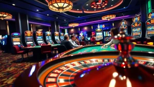 Engaging players at the uu 88 poker table, surrounded by vibrant slot machines and an exciting atmosphere.