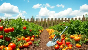 Gardening lush vegetable garden showcasing vibrant plants and tools gleaming in sunlight.