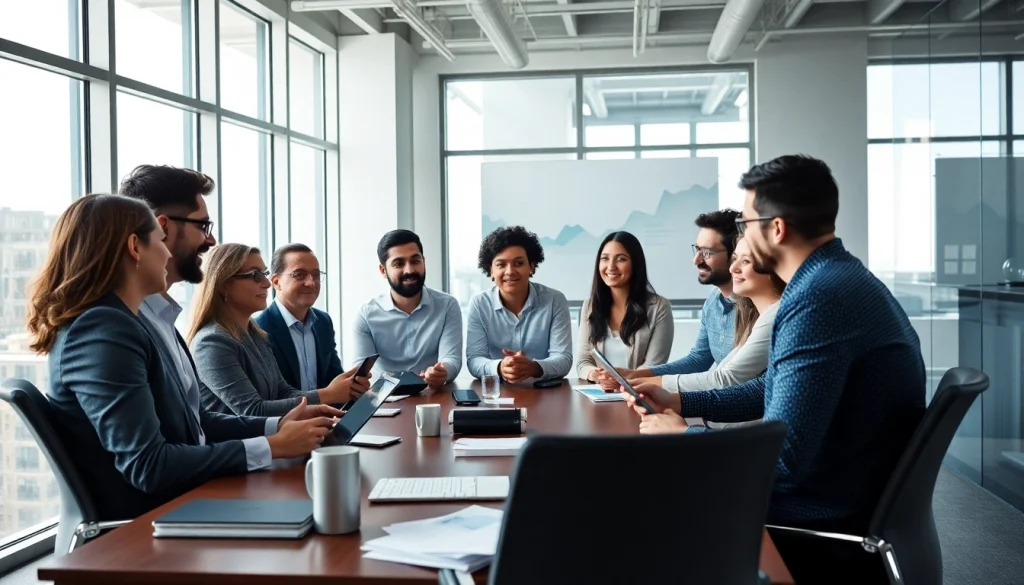 Team discussing strategies at https://albmaftoh.com with digital marketing materials.