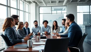 Team discussing strategies at https://albmaftoh.com with digital marketing materials.