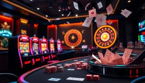 Togelsumo menampilkan adegan slot online yang penuh warna dengan mesin yang menyala dan roda roulette.