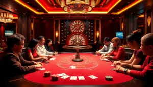 Dynamic casino scene featuring Nhà Cái Uy Tín with poker chips, vibrant tables, and an exciting atmosphere.