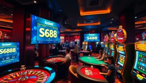 Gamblers engaging with SC88 bet platform, surrounded by vibrant casino elements.