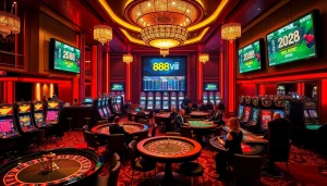 Engage in thrilling game action at 888VI's upscale casino arena with roulette and slot machines.