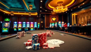 Players strategizing at a NET88 poker table amidst vibrant casino excitement.