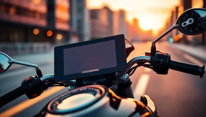 Capture the motorcycle screen displaying vibrant contrasts against a sleek motorcycle in an urban sunset.