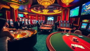 Iwin casino scene showcasing players at roulette and poker tables with vibrant slots background.