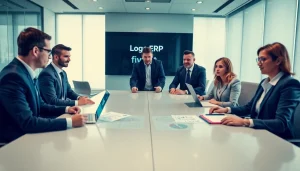 Discussing Logo ERP fiyat in a modern office with diverse professionals collaborating on digital solutions.