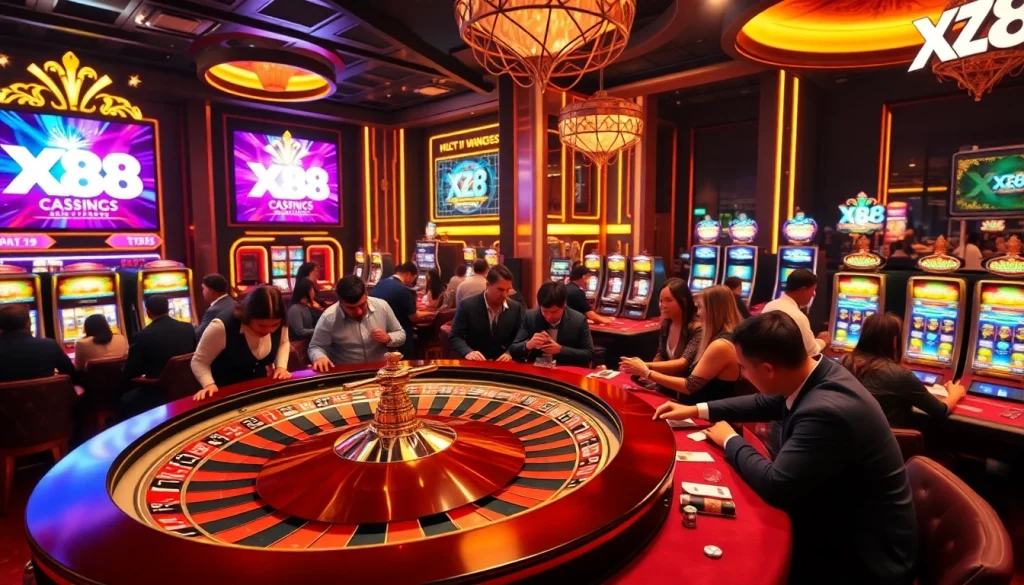 Players enjoying an exciting game of roulette at XX88 casino with vibrant lights and luxurious decor.