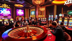 Players enjoying an exciting game of roulette at XX88 casino with vibrant lights and luxurious decor.