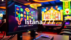 Menampilkan pengalaman bermain Istana777 dengan setup gaming yang menarik dan logo yang mencolok.
