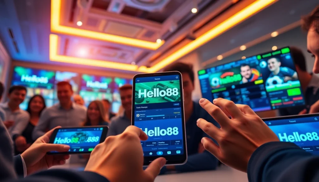Hello88 online betting platform interface with engaging users and modern digital devices, showcasing excitement and community.