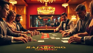 RAJABARONG offers thrilling poker action at a luxurious casino table with players engaged.