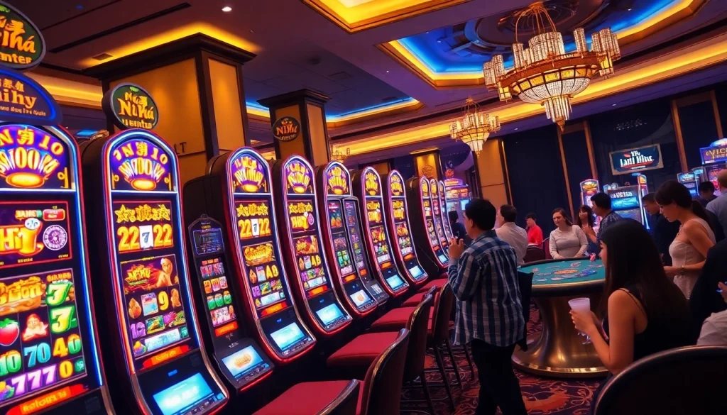 Experience the excitement of Nổ Hũ slot machines in a lively casino atmosphere.