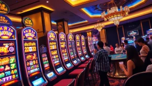 Experience the excitement of Nổ Hũ slot machines in a lively casino atmosphere.