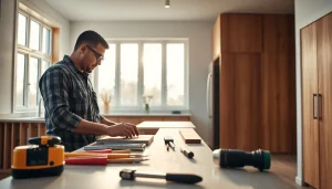 Craftsman working on home renovation, showcasing modern kitchen cabinetry design.