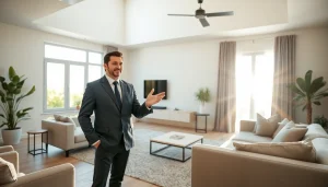 Real Estate agent showcasing a modern property during a virtual tour in a bright living room.