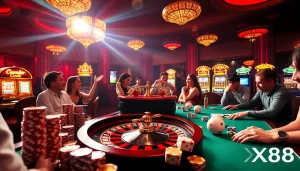 A thrilling XX88 casino experience with poker chips and roulette wheel lighting up the night.