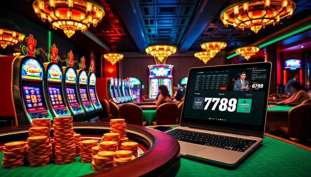 Experience gaming excitement with 6789 in a vibrant casino full of slot machines and roulette tables.