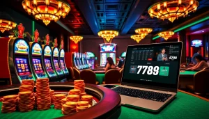 Experience gaming excitement with 6789 in a vibrant casino full of slot machines and roulette tables.