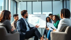 Engaging session with a business coach near me guiding clients in a motivational office.