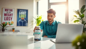 Explore Oral Weight Loss Treatments with a young adult analyzing a supplement in a modern office.