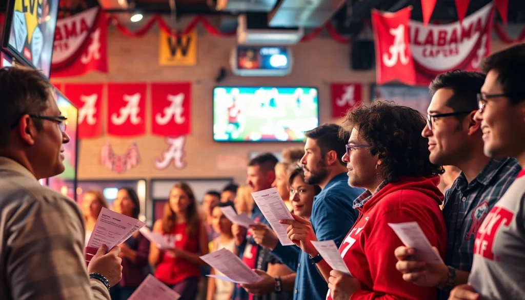 Engaged sports fans participating in sports betting in Alabama in a lively atmosphere.