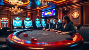 F8Bet poker table showcasing luxury gambling with professional players and vibrant casino ambiance.