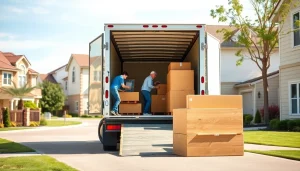 Efficient provincial moving & storage team loading furniture into a truck in a suburban setting.