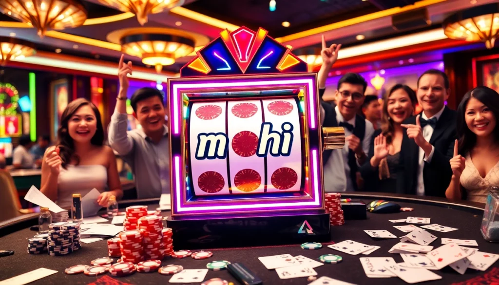Excited gamblers enjoying the thrill of nổ hũ at a luxurious casino slot machine.