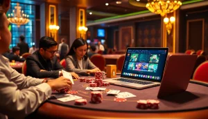 Players enjoying intense poker matches at UU88 online casino, showcasing vibrant chips and cards.