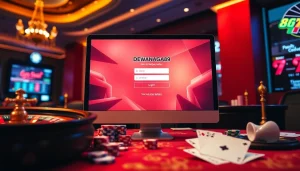 Rasakan sensasi dengan login DEWANAGA89 di tengah elemen kasino yang hidup seperti chip poker dan kartu.