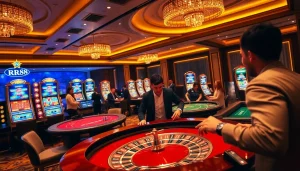 Players enjoying an exhilarating moment at RR88's online casino with roulette and poker tables.