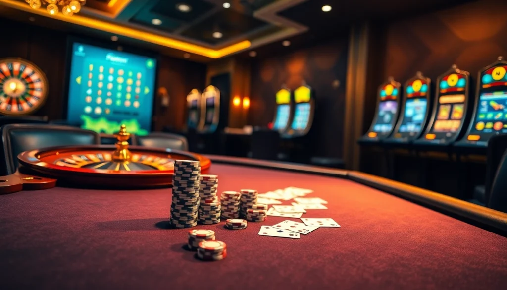 Experience the thrill of betting at https://www.6rwin55.com/ with a luxury casino scene featuring poker chips and a roulette wheel.