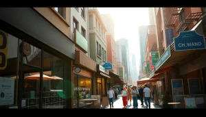 Showcasing bustling business environment with modern storefront and vibrant marketplace.