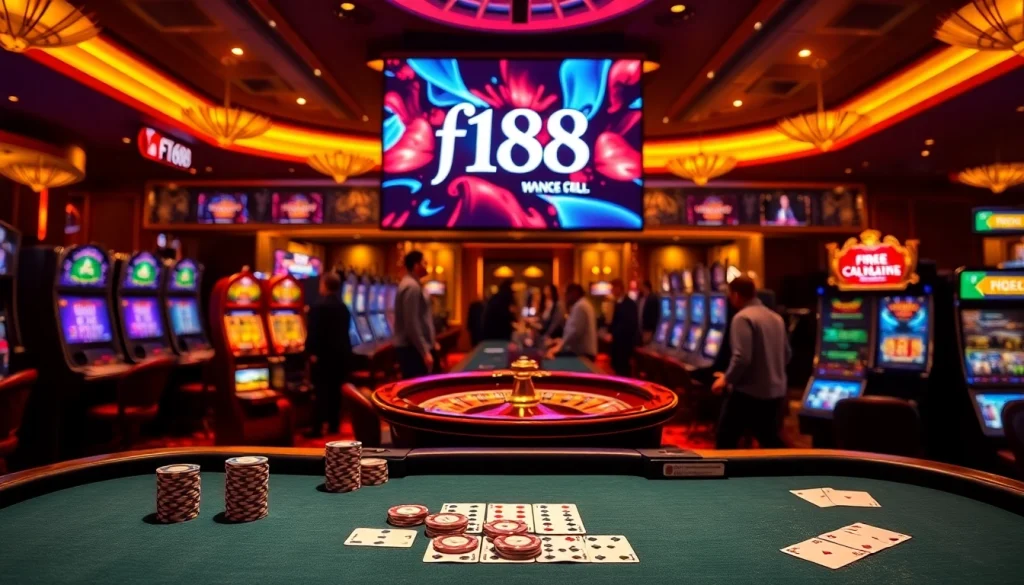 Players celebrate wins at the f168 casino table surrounded by thrilling slot machines.