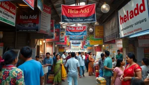 Vibrant marketplace scene showcasing Hela Add ads and community engagement in Sri Lanka.