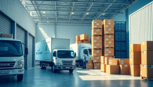 Moving and storage solutions showcasing a modern facility with staff assisting customers.