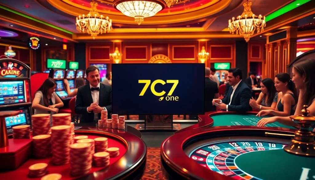 Experience excitement at 7C77 one with vibrant casino games and players enjoying thrilling moments.